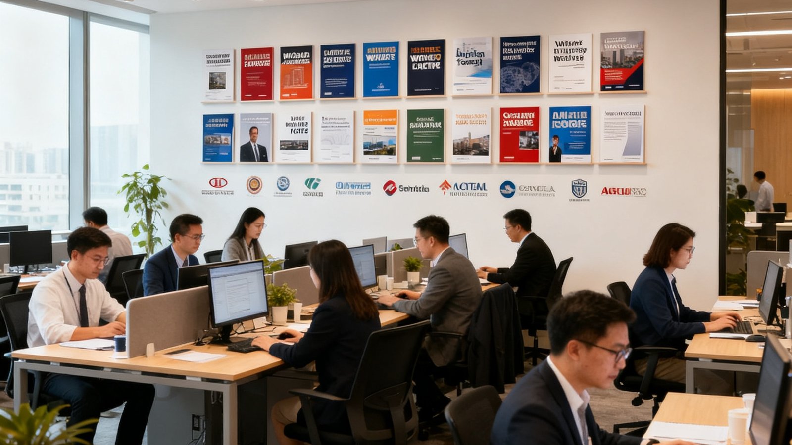 公海贵宾会上海总部开放式办公区实拍，数十位专业顾问在现代化办公环境中专注工作，墙面展示着历年发布的行业白皮书封面及会员企业Logo墙