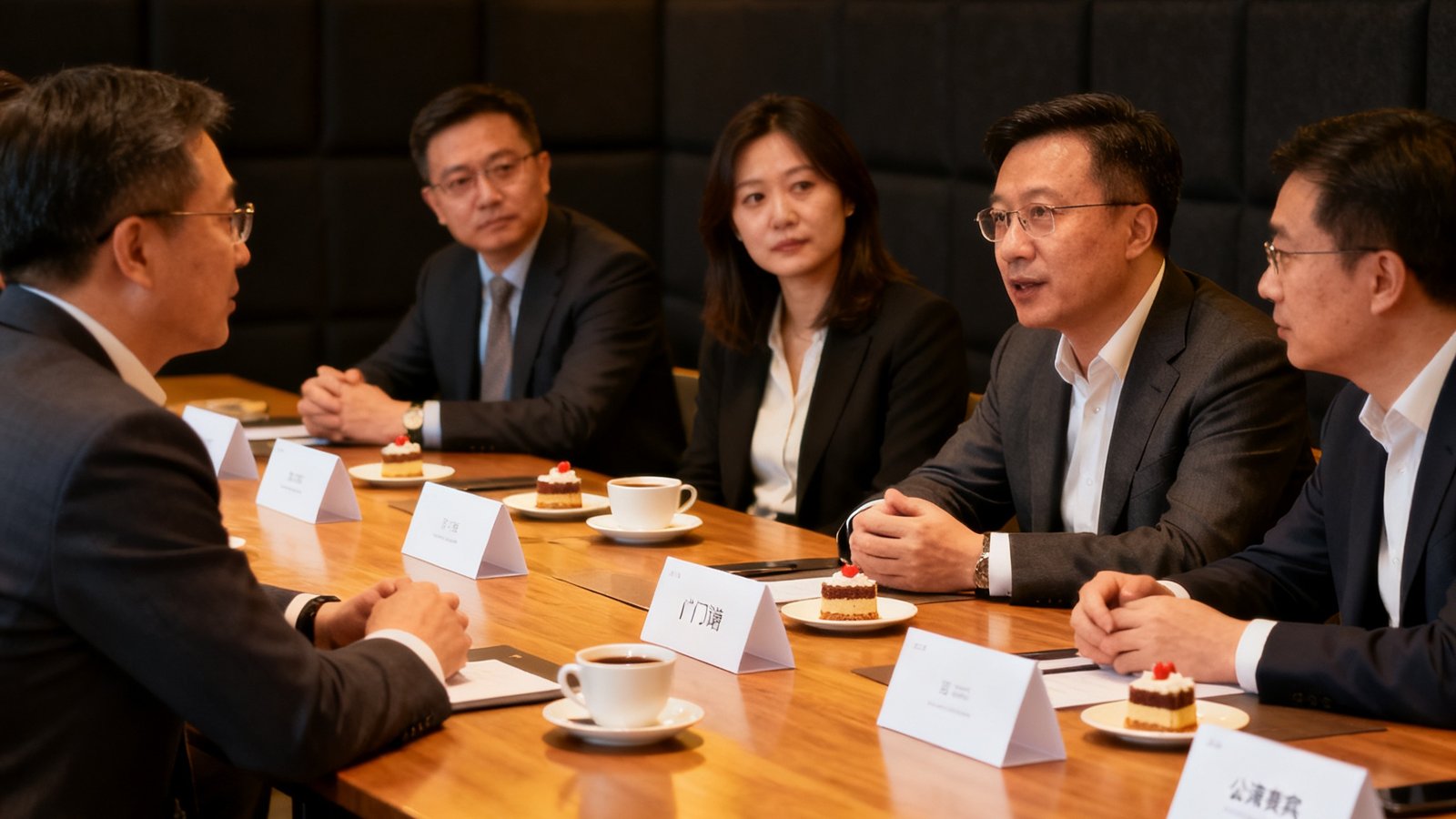 公海贵宾会为企业会员定制的闭门沙龙现场，长桌上摆放着名牌与茶歇，企业家们围坐进行深度讨论，氛围私密而专注