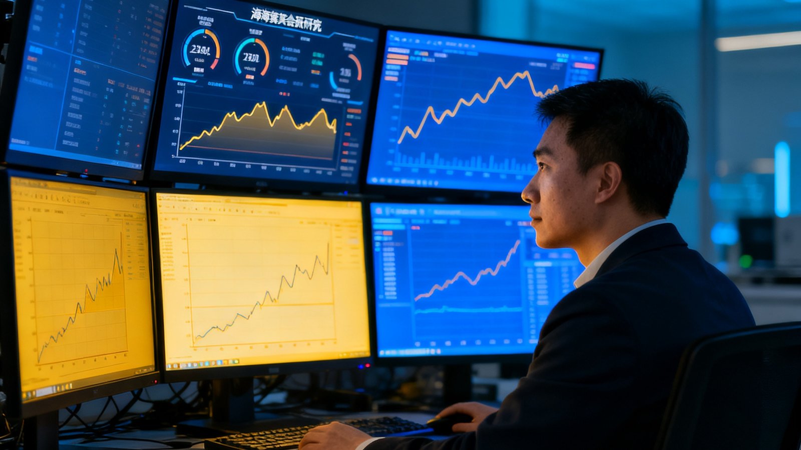 公海贵宾会研究总监王启航在数据实验室中分析行业数据，多块显示器上展示着实时数据仪表盘与趋势曲线