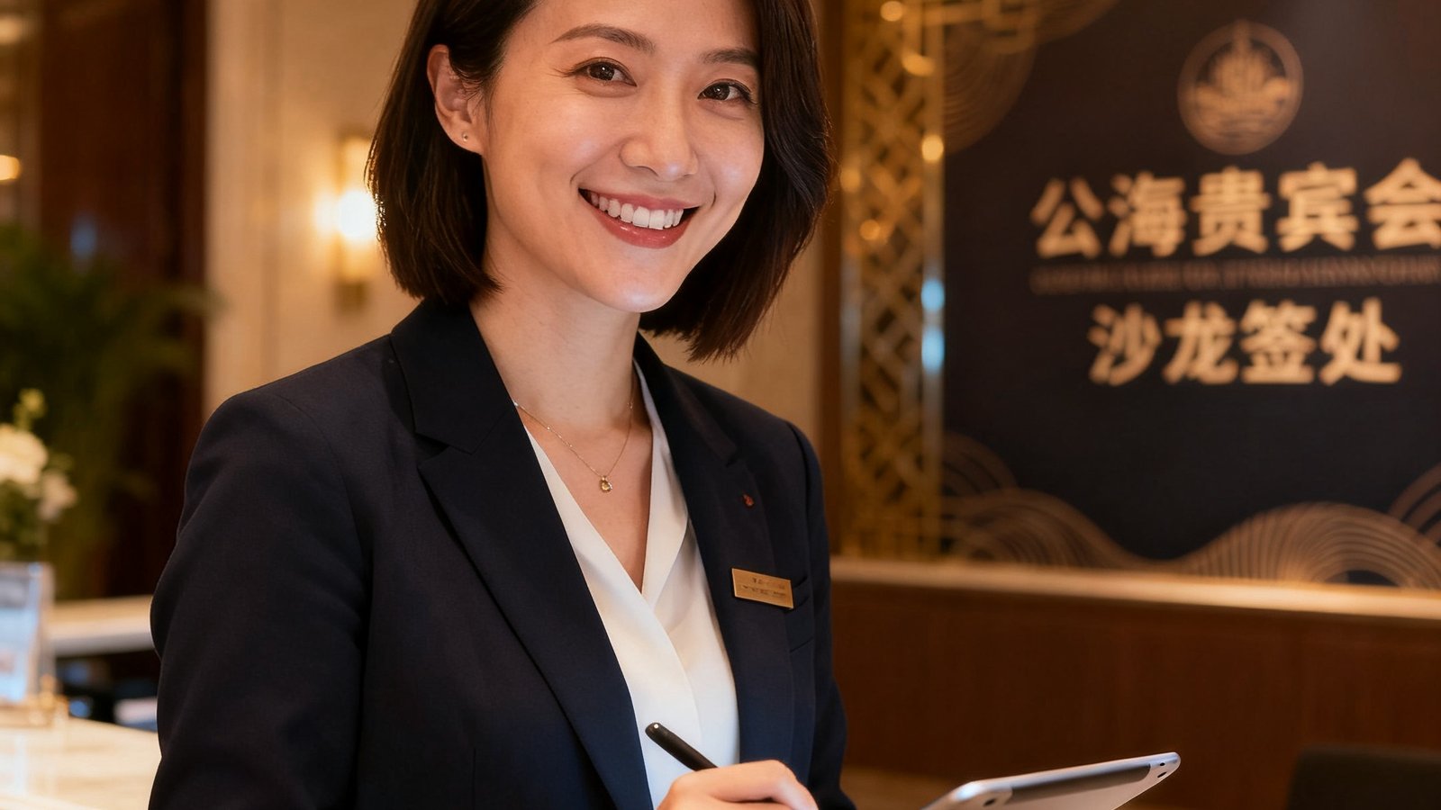 公海贵宾会会员运营负责人陈雅文在沙龙签到处迎接来宾，面带微笑手持平板电脑进行签到协调工作